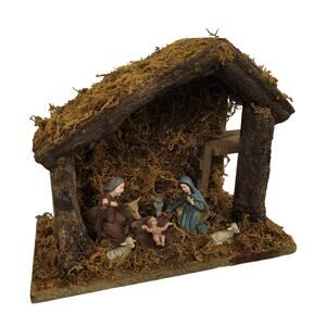 Vintage 70s Rustic 8 Piece Hand Painted Wooden Moss Nativity Manger Traditional